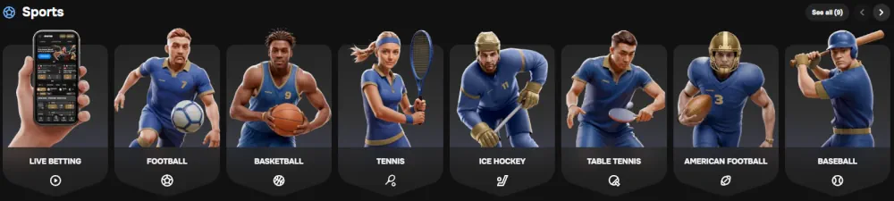 Sekcja zakładów sportowych Mr Punter z różnorodnymi kategoriami wydarzeń na żywo.